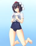  1girl barefoot black_hair blush gomi_(gomitin) gym_uniform hat kneeling legs pointy_ears pom_pom_(clothes) red_eyes school_swimsuit shameimaru_aya short_hair smile solo swimsuit swimsuit_under_clothes tokin_hat touhou undressing wet wet_clothes 