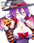  1girl ;p bare_shoulders bat_wings breasts candy cleavage colored_stripes earrings hair_between_eyes halloween hat jack-o&#039;-lantern jewelry kachirou large_breasts looking_at_viewer mole one_eye_closed original pumpkin purple_hair short_hair solo star star_earrings striped tongue tongue_out trick_or_treat violet_eyes white_background wings witch_hat 