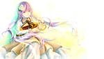  1girl biwa_lute chain dress flower hair_flower hair_ornament highres instrument long_hair lute_(instrument) musical_note purple_hair smile touhou tsukumo_benben violet_eyes yuren 