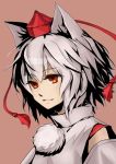  1girl absurdres animal_ears bare_shoulders brown_background bust detached_sleeves hat highres inubashiri_momiji lips looking_away pom_pom_(clothes) red_eyes short_hair silver_hair simple_background smile solo tokin_hat touhou wolf_ears yekong 