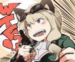  1girl animal_ears blonde_hair blue_eyes blush bottle breaking carla_j_luksic cat_ears emphasis_lines fangs futenesira goggles goggles_on_head holding long_hair military military_uniform solo strike_witches twintails uniform 
