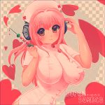  1girl breasts hat headphones impossible_clothes large_breasts long_hair looking_at_viewer nitroplus nurse nurse_cap pink_hair smile solo super_sonico syringe 