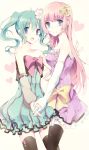  2girls ahoge colorful_x_melody_(vocaloid) detached_sleeves elbow_gloves flower gloves green_eyes green_hair hair_flower hair_ornament hakui hatsune_miku holding_hands interlocked_fingers long_hair megurine_luka multiple_girls open_mouth pink_hair project_diva_(series) project_diva_2nd smile thigh-highs twintails v vocaloid 