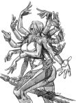  1girl artist_name bodysuit breast_squeeze breasts crossed_arms dark_skin dated greyscale looking_at_viewer mariel_cartwright metal_gear_(series) metal_gear_rising:_revengeance mistral_(metal_gear_rising) monochrome multiple_arms polearm simple_background solo weapon white_background 