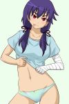  1girl :p bandages blue_hair blush collarbone hanamonogatari highres kanbaru_suruga kazukun long_hair monogatari_(series) navel panties red_eyes shirt_lift stomach tongue tongue_out twintails underwear 