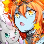  1girl 7hako blue_skin bust collarbone creature demon_girl demon_horns devilit fang hera-ur_(p&amp;d) hera_(p&amp;d) horns long_hair lowres open_mouth orange_hair pointy_ears puzzle_&amp;_dragons simple_background solo star tiara twitter_username white_background yellow_eyes 