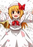  1girl :d blonde_hair bow brown_eyes dress gerijita hat hat_bow instrument lily_white long_hair long_sleeves open_mouth petals smile touhou trumpet wings 