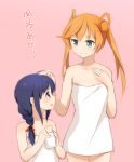  2girls abukuma_(kantai_collection) ahoge aqua_eyes blue_eyes bottle hair_ribbon hand_on_another&#039;s_head highres kantai_collection kisetsu milk milk_bottle multiple_girls naked_towel open_mouth orange_hair purple_hair ribbon shigure_(kantai_collection) smile towel translated twintails younger 