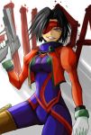  1girl black_hair bodysuit eyepatch gloves grin gun highres hilda_(outlaw_star) outlaw_star red_eyes short_hair smile solo weapon 