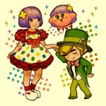  1boy 1girl 1other blonde_hair bowtie closed_eyes elf formal hal_laboratory_inc. hat holding_hand hoshi_no_kirby human hylian j-pop j-pop_singer kirby kirby_(series) kyary_pamyu_pamyu kyary_pamyu_pamyu_(cosplay) link madogiwa_totto nintendo nintendo_ead pink_puff_ball pointy_ears purple_hair real_life short_hair smile suit super_smash_bros. super_smash_bros_for_wii_u_and_3ds the_legend_of_zelda toon_link top_hat triforce wind_waker 