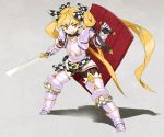  1girl 7th_dragon armor blonde_hair highres knight_(7th_dragon) long_hair looking_at_viewer miwa_shirou shield solo sword twintails weapon 