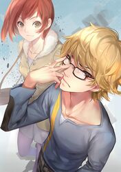  1boy 1girl adjusting_glasses bag blonde_hair brown_eyes glasses handbag j.lili jacket looking_at_viewer nishino_kimi nishio_nishiki redhead short_hair smile tokyo_ghoul 