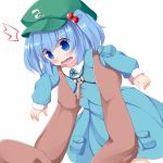  /\/\/\ 1girl blue_eyes blue_hair blush dress hair_bobbles hair_ornament hat jewelry kawashiro_nitori key long_sleeves looking_at_another necklace nikku_(ra) picking_up short_hair short_twintails simple_background skirt skirt_set solo surprised sweatdrop touhou twintails wavy_mouth white_background 