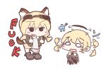  2girls animal_ears ankle_boots blonde_hair blush boots carla_j_luksic cat_ears cat_tail chibi erua expressive_clothes expressive_hair goggles goggles_on_head hairband long_hair long_sleeves middle_finger military military_uniform multiple_girls profanity rosalie_de_hemricourt_de_grunne short_hair simple_background solid_circle_eyes strike_witches tail tears twintails uniform white_background 