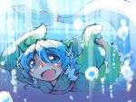  1girl blue_eyes blue_hair bubble drill_hair head_fins japanese_clothes kimono long_sleeves mermaid monster_girl obi open_mouth sash shinapuu short_hair sketch smile solo touhou underwater wakasagihime wide_sleeves 