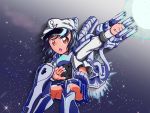  1girl black_hair brown_eyes cannon character_request charging commander hat long_hair mecha_musume navel open_mouth personification r-type r-type_tactics school_uniform serafuku short_hair solo space 