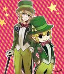  badge black_eyes blonde_hair blue_eyes bowtie cane dual_persona earrings formal gloves hand_in_pocket hat jewelry link pointy_ears suit suzuno_(kazahanasu) the_legend_of_zelda toon_link top_hat twilight_princess wind_waker 