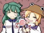  2girls ^_^ blonde_hair candy closed_eyes detached_sleeves frog_hair_ornament green_hair hair_ornament hat kochiya_sanae licking lollipop long_hair moriya_suwako multiple_girls rokunen short_hair touhou 