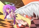  1girl akiryu angel_wings asymmetric_gloves asymmetrical_legwear blush book breasts gradient_hair halo holding holding_book jibril_(no_game_no_life) large_breasts lavender_hair long_hair looking_at_viewer midriff multicolored_hair no_game_no_life one_eye_closed open_mouth solo tattoo white_wings wings yellow_eyes 