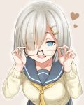  1girl :d beige_background bespectacled black-framed_glasses blue_eyes cardigan chizurusou_(tiduru_39) eyes_visible_through_hair glasses hair_ornament hair_over_one_eye hairclip hamakaze_(kantai_collection) heart highres holding holding_glasses kantai_collection leaning_forward looking_at_viewer necktie open_mouth sailor_collar school_uniform semi-rimless_glasses serafuku short_hair silver_hair simple_background smile solo 