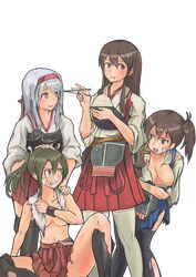  4girls akagi_(kantai_collection) akanbe akizuki_(kondou_kyouhei) bandage_on_face bare_shoulders black_eye black_legwear blue_skirt breast_hold breasts brown_eyes brown_gloves brown_hair bruise chopsticks covering covering_breasts crossed_bandaids eating food food_on_face gloves grey_background grey_eyes grey_hair hair_ribbon hakama hand_on_another&#039;s_head hand_on_another&#039;s_shoulder headband highres injury japanese_clothes kaga_(kantai_collection) kantai_collection long_hair multiple_girls muneate pleated_skirt red_skirt ribbon rice_bowl rice_on_face short_hair shoukaku_(kantai_collection) side_ponytail silver_hair simple_background single_glove skirt tears thigh-highs tongue tongue_out torn_clothes torn_skirt torn_thighhighs white_legwear white_ribbon yugake zuikaku_(kantai_collection) 