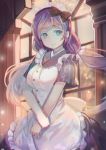  1girl apron blue_eyes bow breasts cowboy_shot fuyouchu hair_bow light_particles light_smile long_hair looking_away love_live!_school_idol_project maid maid_headdress purple_hair smile solo sunlight toujou_nozomi twintails v_arms window 