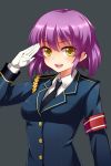  1girl armband blush bust earrings gloves grey_background highres jewelry looking_at_viewer necktie open_mouth original police police_uniform policewoman purple_hair salute serin199 short_hair solo uniform white_gloves yellow_eyes 