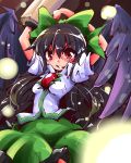  1girl arm_cannon arms_up black_hair bow hair_bow highres light_particles long_hair red_eyes reiuji_utsuho shinapuu sketch skirt solo third_eye touhou weapon wings 
