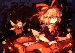  1girl blonde_hair blue_eyes bow darkness doll_joints dress fairy_wings hair_bow hair_ribbon looking_at_viewer medicine_melancholy puffy_short_sleeves puffy_sleeves red_dress ribbon shirt short_sleeves skirt su-san touhou wings yetworldview_kaze 