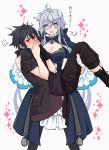  1boy 1girl black_hair blue_eyes blush carrying dress final_fantasy final_fantasy_xv gloves hair_ornament jacket long_hair noctis_lucis_caelum personification princess_carry red_eyes shinzui_(fantasysky7) silver_hair translation_request 