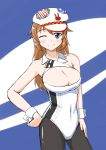  1girl ;) absurdres bare_shoulders blue_eyes breasts cabbie_hat charlotte_e_yeager cleavage cleavage_cutout contrapposto hat highres hiroshi_(hunter-of-kct) large_breasts leotard long_hair one_eye_closed orange_hair pantyhose racequeen smile solo strike_witches wrist_cuffs 
