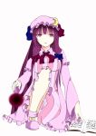  1girl book bow crescent_hair_ornament danmaku dress energy_ball hair_bow hair_ornament long_hair milaria mob_cap one_knee open_mouth pajamas patchouli_knowledge pointing purple_hair shoes simple_background solo striped striped_dress touhou violet_eyes white_background 