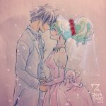  1boy 1girl blue_hair couple dress earrings elbow_gloves eye_contact flower gloves hair_flower hair_ornament holding_hands husband_and_wife jewelry looking_at_another multicolored_hair nia_teppelin nonosaki ponytail simon smile tengen_toppa_gurren_lagann traditional_media tuxedo two-tone_hair veil wedding_dress 