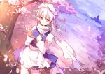  2girls apron blue_dress cherry_blossoms cirno dress hat ice ice_wings juliet_sleeves lake letty_whiterock long_sleeves multiple_girls petals puffy_sleeves scarf scarlet_devil_mansion silver_hair smile touhou tree violet_eyes waist_apron wings yetworldview_kaze 