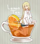  1boy afuro_terumi androgynous artist_name barefoot blonde_hair cup dated english food fruit inazuma_eleven inazuma_eleven_(series) l_hakase lemon long_hair looking_back male oversized_object red_eyes solo tea teacup trap very_long_hair 