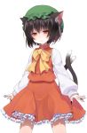  1girl animal_ears black_nails bow brown_hair cat_ears cat_tail chen crote expressionless frilled_skirt frills hat highres multiple_tails orange_eyes shirt short_hair skirt tail touhou transparent_background two_tails vest 