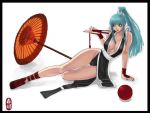  1girl aqua_eyes aqua_hair ark_(morita_hitomi) breasts cleavage cosplay fan folding_fan large_breasts legs morrigan_aensland nail_polish orb oriental_umbrella shiranui_mai_(cosplay) sitting socks solo umbrella vampire_(game) white_background 