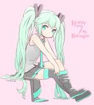  1girl aqua_hair blush boots hatsune_miku long_hair nagian putting_on_shoes sitting skirt smile solo thigh-highs thigh_boots twintails very_long_hair vocaloid 
