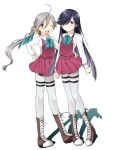  2girls ;p black_hair blouse boots bowtie grey_eyes grey_hair hair_bun hair_over_one_eye hair_ribbon hayashimo_(kantai_collection) highres hime_cut kantai_collection kiyoshimo_(kantai_collection) long_hair long_sleeves low_twintails multicolored_hair multiple_girls one_eye_closed pantyhose purple_legwear ribbon school_uniform shadow shimeism skirt smile tongue tongue_out twintails very_long_hair vest 