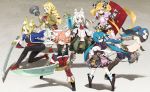  6+girls 7th_dragon absurdres animal_ears black_legwear blonde_hair blue_hair boots braid crown dress fighter_(7th_dragon) gloves green_eyes hair_bobbles hair_ornament healer_(7th_dragon) highres knight_(7th_dragon) long_hair lucier_(7th_dragon) miwa_shirou momomeno_(7th_dragon) multiple_girls pantyhose pink_hair princess_(7th_dragon) red_eyes rogue_(7th_dragon) samurai_(7th_dragon) shield silver_hair squatting stuffed_animal stuffed_toy sword twintails wand weapon 