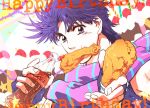  1boy bottle coca-cola fingerless_gloves food fried_chicken geo-geo gloves happy_birthday jojo_no_kimyou_na_bouken joseph_joestar_(young) mouth_hold purple_hair scarf solo striped striped_scarf violet_eyes 