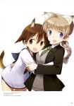  2girls absurdres ahoge animal_ears blazer blonde_hair blue_eyes braid breasts brown_eyes brown_hair cardigan_vest hair_between_eyes highres hug large_breasts leaning_forward lynette_bishop miyafuji_yoshika multiple_girls necktie sailor_collar scan shimada_fumikane short_hair smile strike_witches tail 