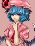  1girl bat_wings blue_hair hat hat_ribbon highres imajin0613 mob_cap puffy_short_sleeves puffy_sleeves red_eyes remilia_scarlet ribbon short_hair short_sleeves smile touhou wings 