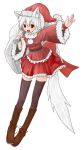  1girl absurdres animal_ears black_legwear boots hat highres inubashiri_momiji open_mouth pom_pom_(clothes) red_eyes santa_costume santa_hat short_hair silver_hair simple_background solo tail touhou white_background wolf_ears 