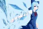  1girl blue_dress blue_eyes blue_hair bow cirno cowboy_shot dress hair_bow ice ice_wings milaria neck_ribbon open_mouth outstretched_arm ribbon short_hair simple_background solo touhou water wing_collar wings 