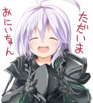  ahoge armor artist_request blush chestplate closed_eyes demolition_machine_(ole_tower) gauntlets grin happy helmet ole_tower smile solo white_hair 