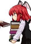  1girl alternate_hair_length alternate_hairstyle bat_wings blush_stickers book book_stack carrying dress_shirt gerijita head_wings holding holding_book koakuma long_sleeves looking_at_another pointy_ears red_eyes redhead shirt short_hair simple_background skirt skirt_set sweatdrop too_many_books touhou vest wavy_mouth white_background white_shirt wings 