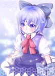  1girl blue_dress blue_eyes blue_hair blue_ribbon blush bow bowtie cirno dress dress_shirt hair_bow highres ice ice_wings looking_up manatee-lettuce puffy_short_sleeves puffy_sleeves red_ribbon ribbon shirt short_hair short_sleeves skirt smile snow snowing solo touhou white_shirt wings 