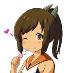  1girl ;) bare_shoulders be_(o-hoho) blush brown_eyes brown_hair dango dark_skin eating food highres i-401_(kantai_collection) kantai_collection looking_at_viewer one_eye_closed ponytail sailor_collar school_swimsuit simple_background smile solo swimsuit swimsuit_under_clothes tan wagashi white_background 