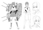  1girl alternate_costume character_sheet hat hat_removed headwear_removed hyuuga_(kantai_collection) japanese_clothes kantai_collection military military_uniform monochrome naval_uniform necktie peaked_cap short_hair solo uemukai_dai uniform white_background 